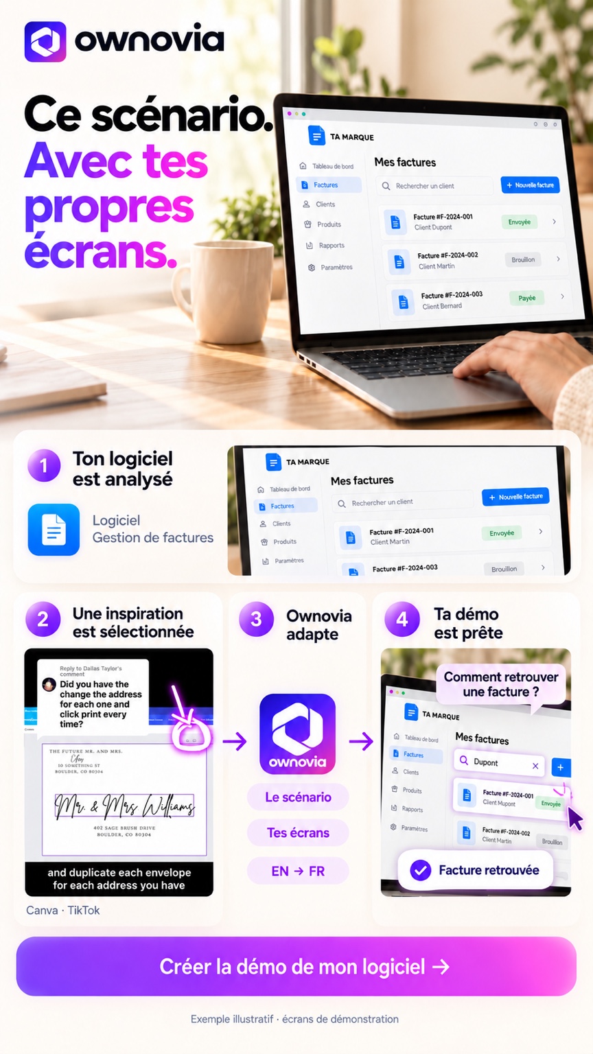 Canva sur TikTok : le scénario question puis démonstration est adapté à ton logiciel de facturation. Tes écrans montrent comment retrouver une facture.