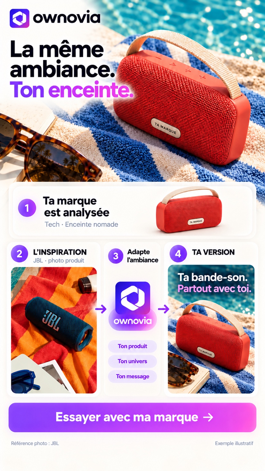 JBL : une ambiance estivale inspire une création avec ton enceinte rouge près de la piscine. On adapte ton produit, ton univers et ton message.